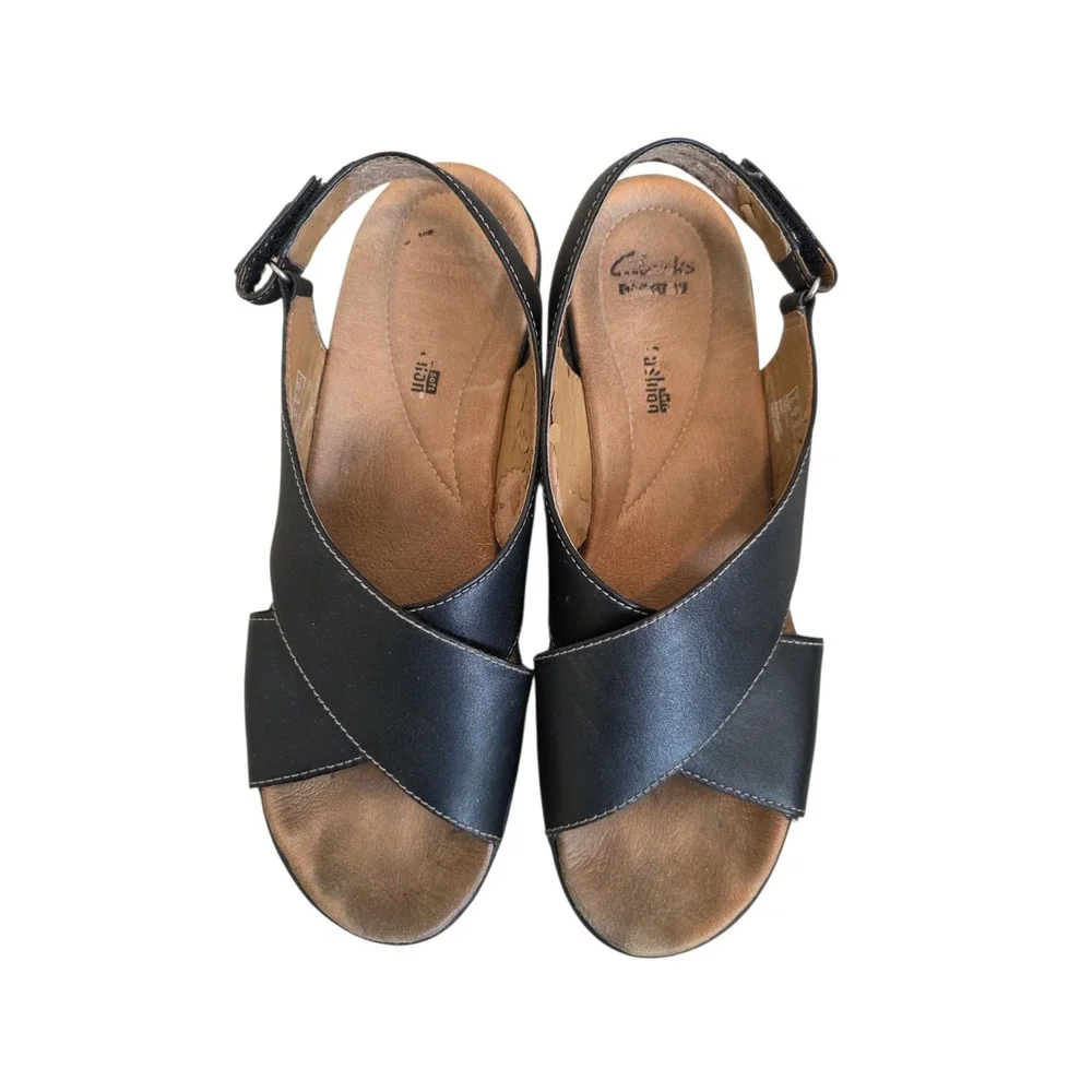 Clarks Collection Black Leather Slingback Wedge Sandals Womens‎ 9.5